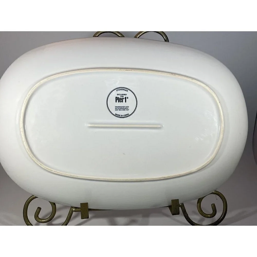 Pier One Creamy White Terracotta 14”x9”Glazed Farmhouse Mid Transitional Platter